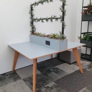 Modern desk with greenery divider and power outlet, ideal for workspace aesthetics and functionality.