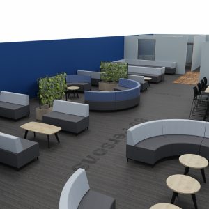 Modern office lounge area with stylish seating, indoor plants, and a contemporary design, ideal for relaxing or informal meetings.