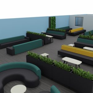 Modern office lounge area with contemporary furniture, vibrant colours, and indoor plants, designed for a comfortable and stylish working environment.