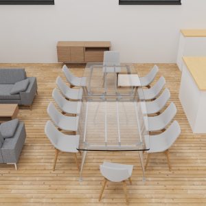 Modern living and dining space with grey sofas, a glass dining table, and minimalist wooden furniture in a bright, contemporary home interior.