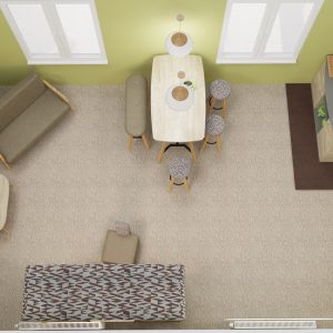 Modern interior design of a cosy living room and dining area in a green-themed home, featuring a dining table, TV unit, sofa, and decorative elements for a stylish and comfortable space.