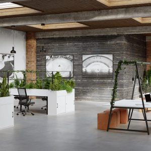 Modern industrial-style office with open workspace, greenery, and contemporary furniture, featuring exposed brick walls, wooden accents, and natural lighting. Perfect for creative and collaborative work environments.