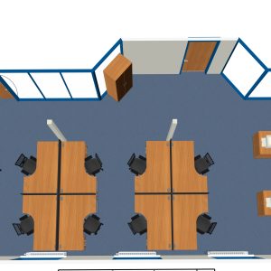 Office workspace layout with computer desks and chairs, modern office design, open plan office environment, Chrisbeon office interior, professional workspace setup for productivity.