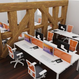 Modern open-plan office with white desks, black and white computer monitors, orange chairs, and a distinctive wooden beam structure, creating a stylish workspace environment.