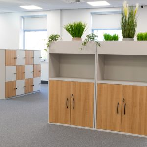 Contemporary office interior with natural lighting, green plants, and flexible workstations, showcasing a sleek, modern design perfect for creative and productive work environments.