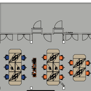 Meeting room and office workspace layout with desks, chairs, and technological equipment in a professional environment.