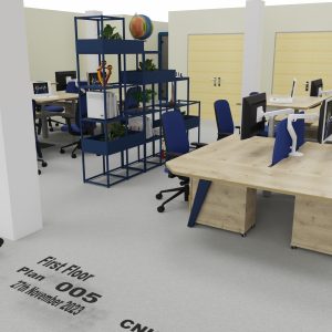 Stylish modern office workspace with multiple workstations, ergonomic chairs, desktops, and decorative shelving, creating an efficient and inviting environment for productivity.