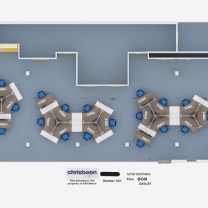 Open-plan office workspace with modern desks and blue chairs, designed for collaborative work environments and team cooperation, featuring ergonomic seating and sleek office decor.
