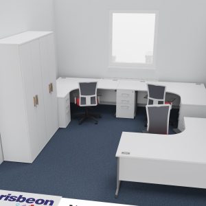 Modern office workspace with white desks, chairs, and storage, designed for productivity and organisation. Ideal for professional environments or remote work setups.