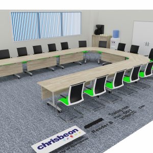 Modern conference room with U-shaped wooden table, black and green office chairs, bookshelf, whiteboard, and windows with blinds, ideal for meetings and corporate training.
