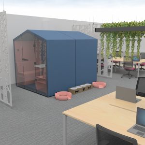 Modern pet-friendly office space with a blue pet cubicle, seating, and workspace desks, perfect for a pet-inclusive intelligent work environment.