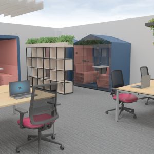 Modern collaborative office space with open desk area, private meeting booths, and lush hanging greenery for a productive work environment.