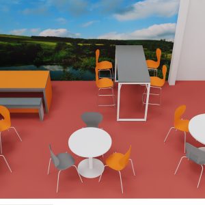 Vibrant modern office break room with colourful chairs, circular tables, and a scenic nature mural wall, perfect for team relaxation and informal meetings.