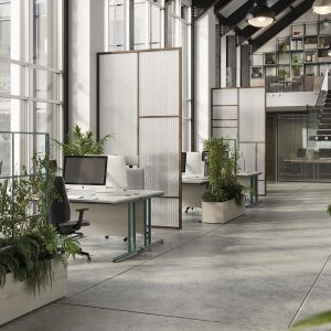 Modern open-plan office space with natural light, ergonomic desks, and lush indoor plants for a productive and refreshing work environment.