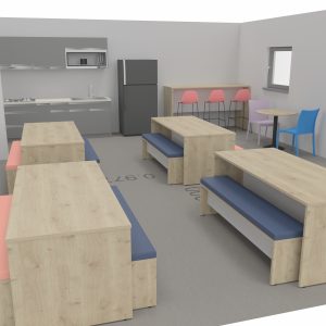Modern community kitchen and dining area with pastel seating, compact appliances, and casual seating arrangements, ideal for socialising and meal sharing.