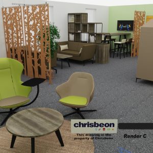Modern office lounge area with green and beige chairs, wooden tables, and decorative room dividers, perfect for casual meetings and relaxation within a contemporary workspace.