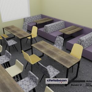 Modern office or meeting room interior with wooden tables, patterned chairs, and purple seating areas, designed for professional or collaborative work environments.