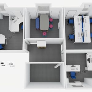 Modern office layout with multiple workstations, shared meeting area, and private offices, ideal for collaborative work and productivity. Bright, organised workspace designed for efficiency.