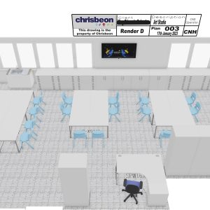 Magnificent 3D rendering of a modern office space designed by Chrisbeon, featuring collaborative work areas, storage units, and a digital display for enhanced productivity and stylish decor.