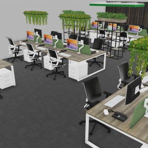 Modern eco-friendly coworking office with green plants, ergonomic chairs, and desktop computers, promoting productivity and sustainability in a vibrant workspace environment.