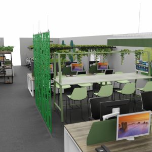 Modern eco-friendly office workspace with green accents, ergonomic desks, and plant decor, promoting productivity and sustainability.