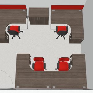 Modern office workspace interior design with desk arrangements and comfortable chairs.