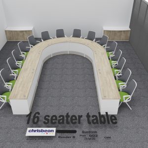 Modern 16-seater office boardroom with a U-shaped table, ergonomic chairs, and a clean minimalist design, ideal for meetings, collaboration, and team discussions in a professional workspace.