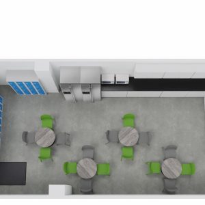 Modern office break room layout with lockers, tables, chairs, kitchen sink, and appliances for employee convenience and relaxation.