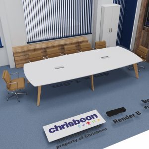 Modern conference room with a long white table, brown leather chairs, and a large wall-mounted Sony screen, perfect for meetings and presentations, featuring stylish wood and blue decor elements.