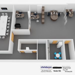 Modern office management suite layout with multiple workstations, conference room, and collaborative spaces designed for productivity and teamwork.