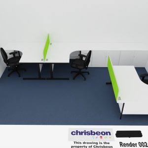 Modern office layout with white desks, black ergonomic chairs, and vivid green partition screens designed for collaborative workspaces. Ideal for professional environments aiming for a sleek, contemporary appearance.