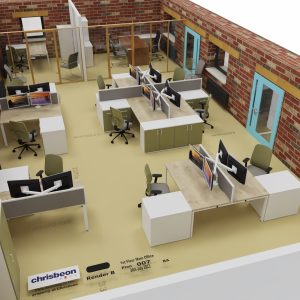 Modern office workspace with brick walls, multiple desks with dual monitors, ergonomic chairs, and a private meeting area with glass partitions in a contemporary design.