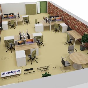 Open-plan office workspace with multiple desks, ergonomic chairs, dual monitors, brick wall accents, and a round meeting table, modern interior design, suitable for tech or creative companies, Chrisbeon branding evident.