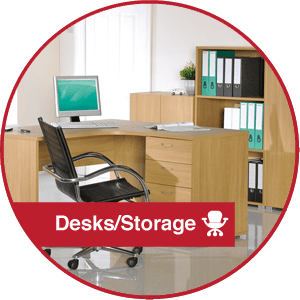 Modern office desk setup with wooden furniture, shelves with binders, and a comfortable swivel chair for professional workspaces.